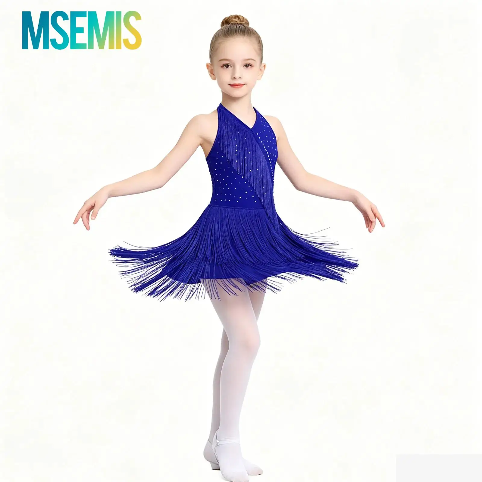 

Kids Girls Gymnastics Ballet Jersey Latin Dance Performance Costume Glittery Rhinestones Fringe Jazz Leotard Tassel Jumpsuit