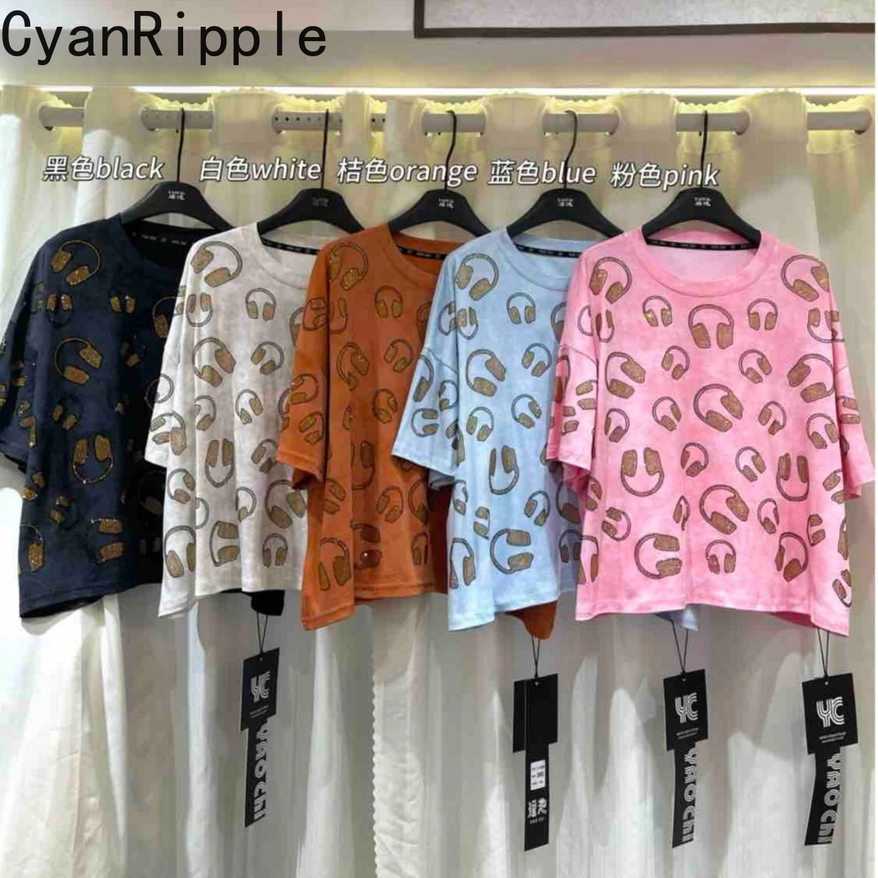 

Новая женская футболка оверсайз с коротким рукавом, весна-лето, с круглым вырезом, со стразами, универсальная, повседневная, хлопковая, базовая