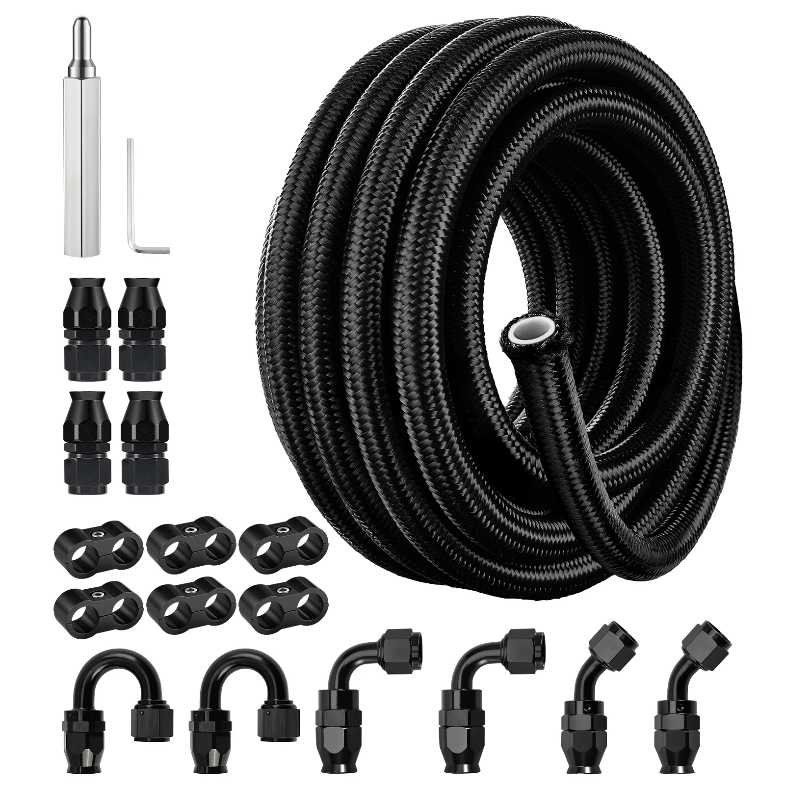 

Топливный шланг AN8 20 футов из нейлоновой оплетки PTFE с комплектом из 10 алюминиевых фитингов (0°, 45°, 90°, 180°)