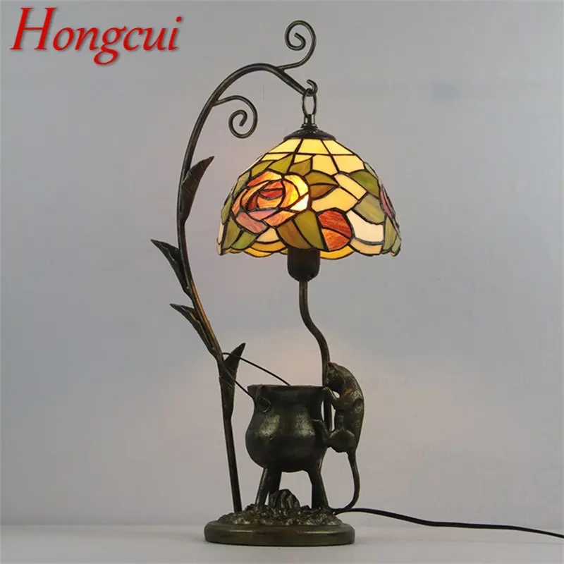 hongcui tiffany mesa lampada led vidro de cor vintage criativo cat desk luz decoracao para casa hotel quarto cabeceira moda 01