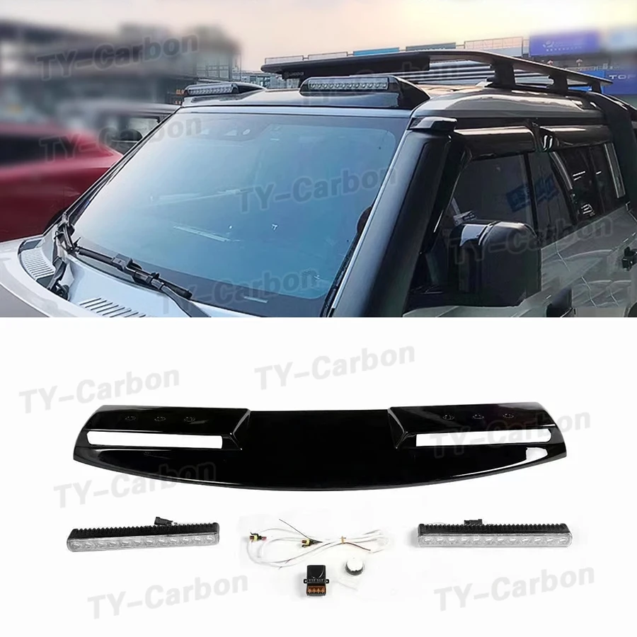 Carbon Fiber PP Top Roof Spoiler Light Pod For Land Rover Defender 2020 2021 Front Roof Spoiler With DRL Light Lamp Led Bar Car