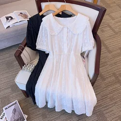 155Kg Plus Size Women's Bust 170 Summer Loose Doll Neck Mid length Dress Black White 4XL 5XL 6XL 7XL 8XL 9XL