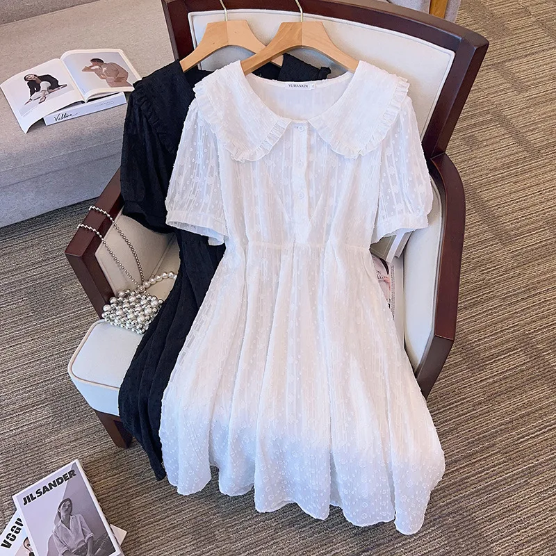 155Kg Plus Size Damski biust 170 Letnia luźna sukienka z dekoltem w szpic Czarny Biały 4XL 5XL 6XL 7XL 8XL 9XL