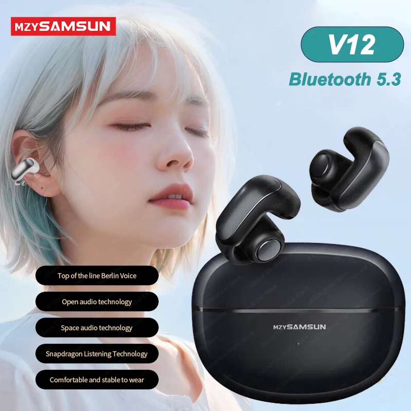 

V12 Open Ear Clip Headphones True Wireless Earbuds Bluetooth 5.3 Sports Earphones Waterproof TWS Gaming Headest With Mic