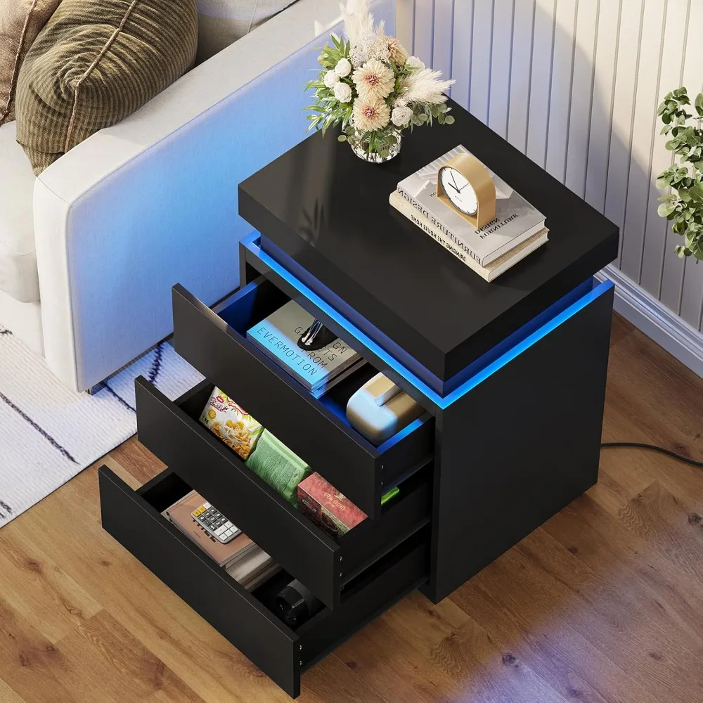 LED Nightstands Set of 2 for Bedroom with Charging Station and Sliding Top,Bedside Table with Power Outlets & Drawers.