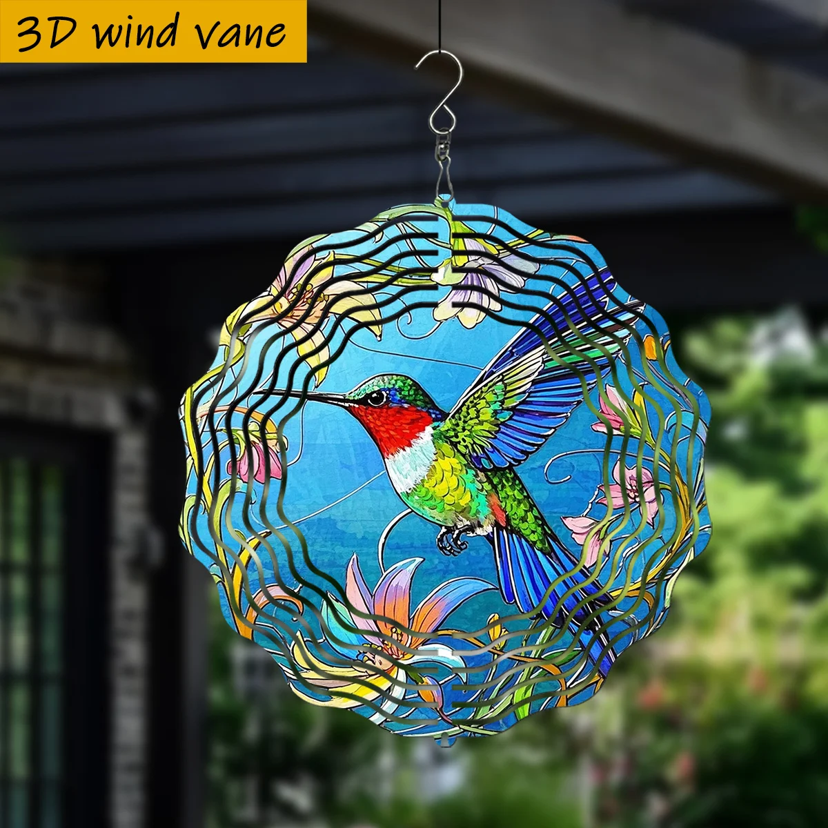 3D Colorful Hummingbird Flower Wind Spinner - 10 Inch Metal Art with 360 Swivel Hook for Christmas Halloween Garden Gift