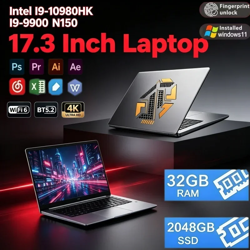 17.3 Inch Wide Screen Ultra‑Thin Laptop Intel I9‑10980HK I9‑9900 N150 32GB RAM 2TB SSD Windows 11 For Home Use Student Learning