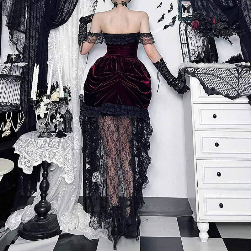 Vestido largo de terciopelo rojo oscuro, vestido de noche elegante de encaje de cintura alta para mujer, fiesta nocturna Sexy con cita, graduación, regalo de San Valentín