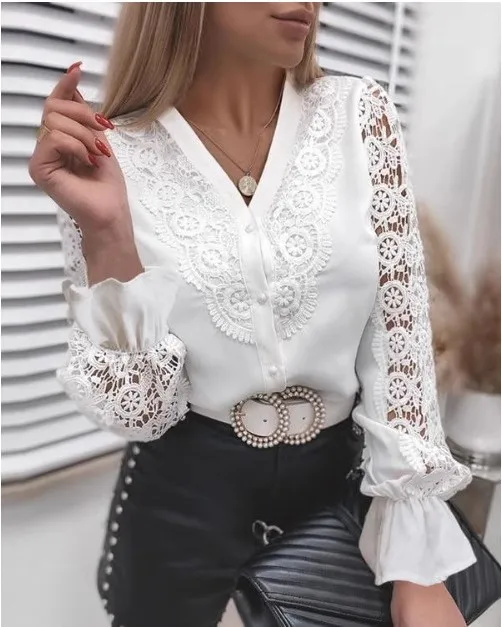 New Vintage White Lace Blouse Shirts Women 2024 Korean Button Loose Shirt Tops Female Hollow Casual Ladies Blouses Blusas