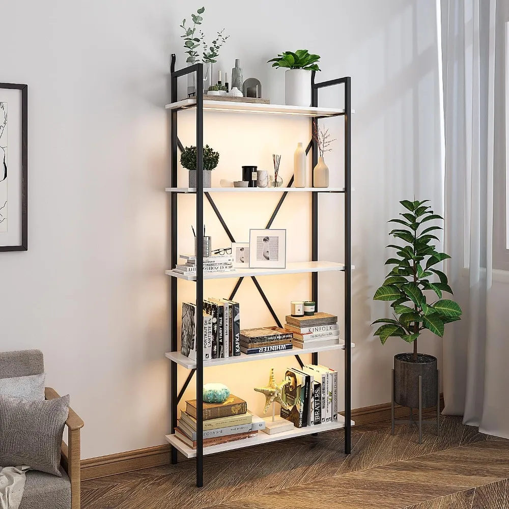 5 Tier Bookshelf Bookcases & Cd Racks With 3 LED Lights Living Room Cabinets Storage Locker Shelving for Books Cube Organizer