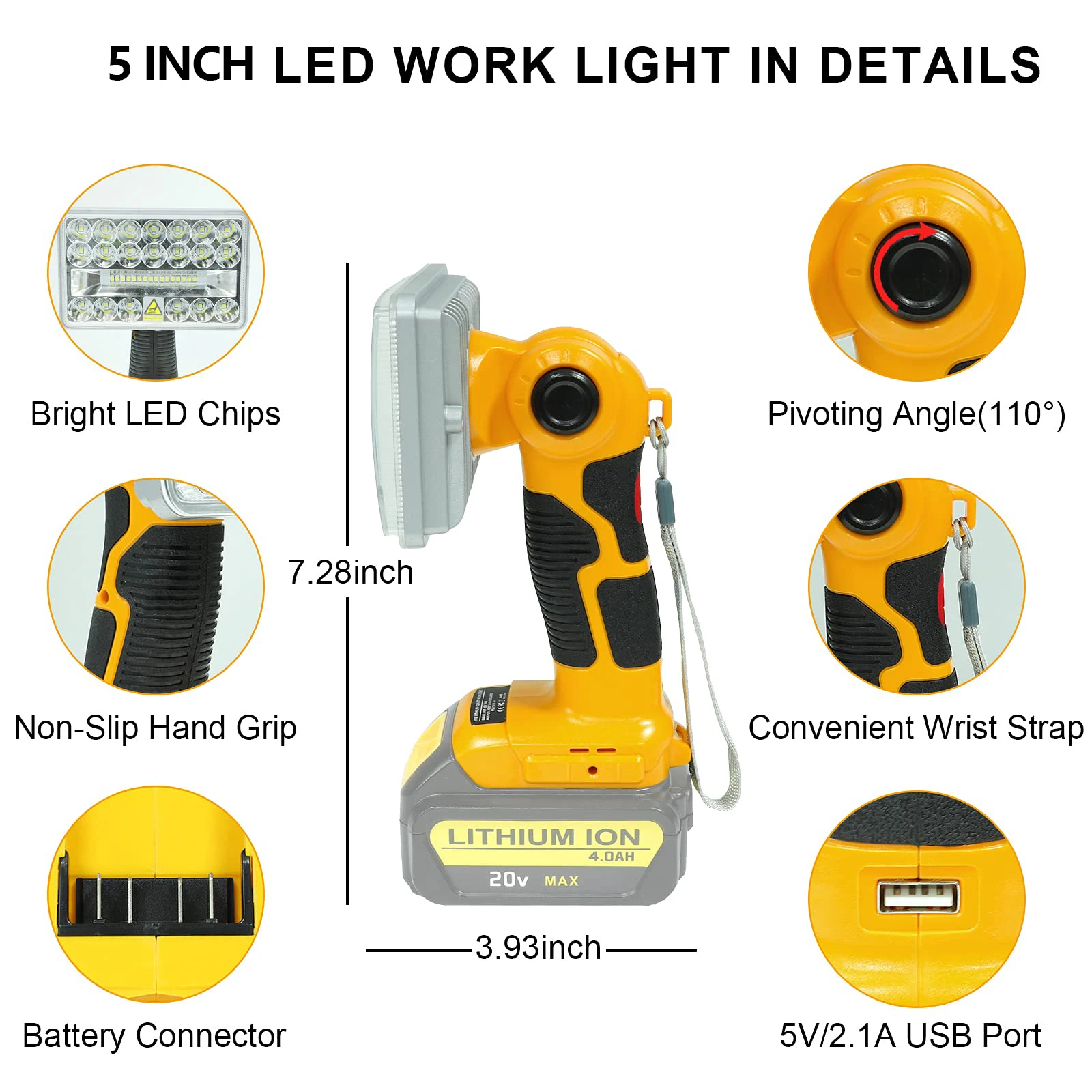 For Dewalt 20v Work Light 18W 2000LM Portable Floodlights Spotlight with USB Charging Port for Repairing Garage Camping Jobsite