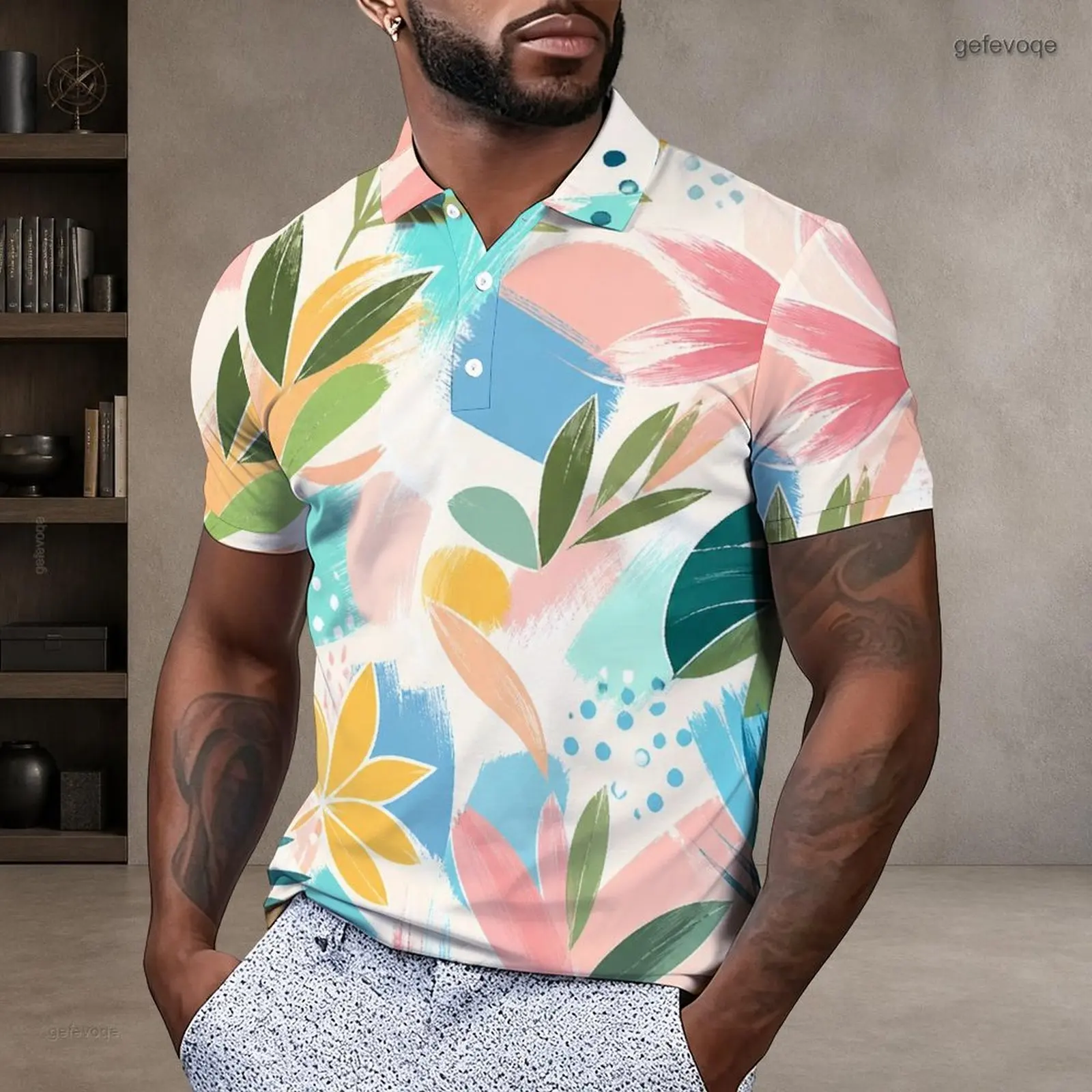Men Printed Polo Shirt Short Sleeve Collared Neck Button Placket