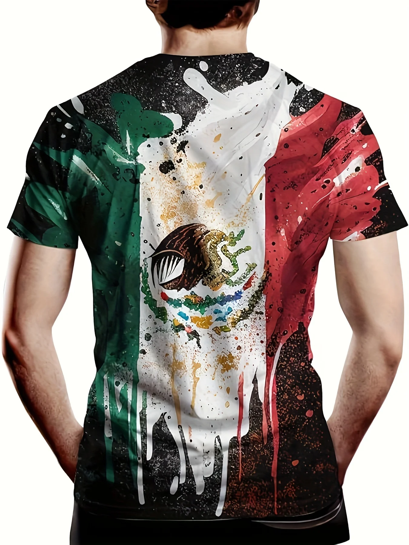 Mexican Eagle and Branch Pattern 3D Printed Round Neck Short Sleeve T-Shirt, Men\'s Summer Casual Outdoor Street Black Top