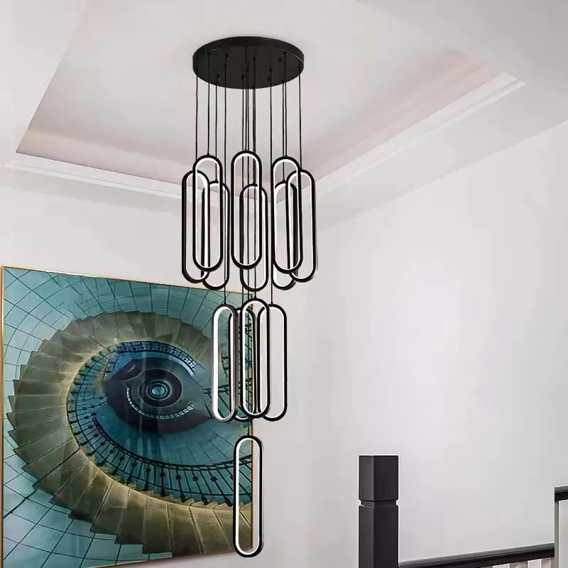 Moderno longo led escada lustre minimalismo preto teto interior pendurado lâmpada de luxo decoração para casa ouro cobre luminária