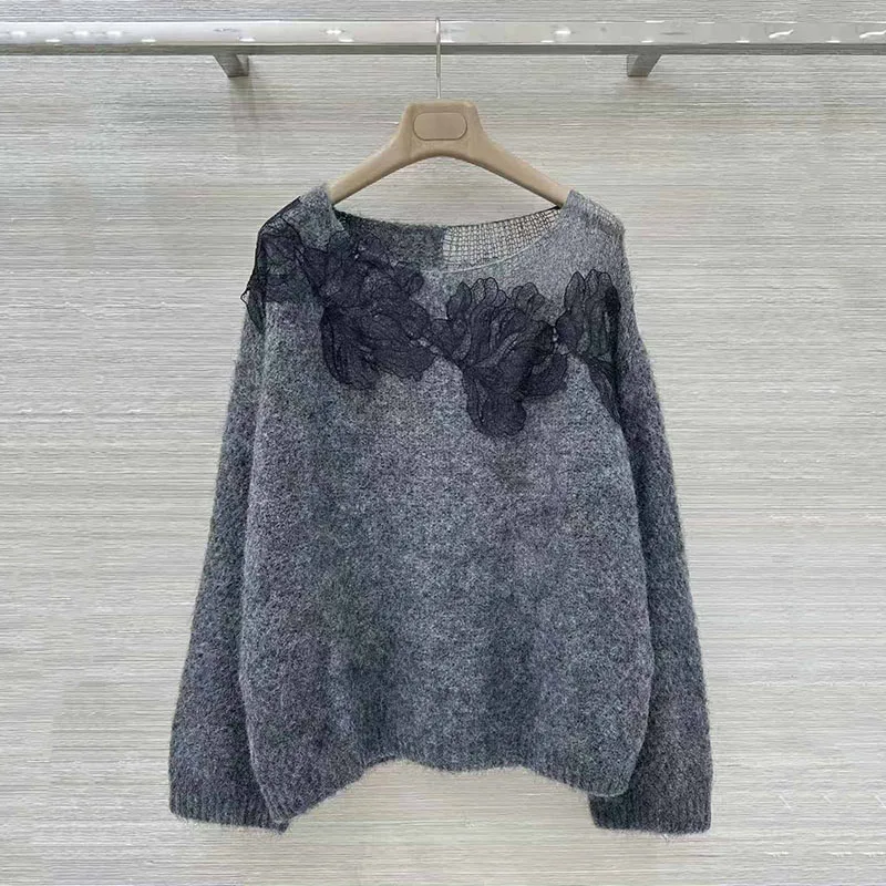 

Women's Cashmere Knit Sweater, Lace Hand-Crocheted Patchwork Pullover, Fashionable Commuter Top, 2025, Winter, New Arrival, Y2K