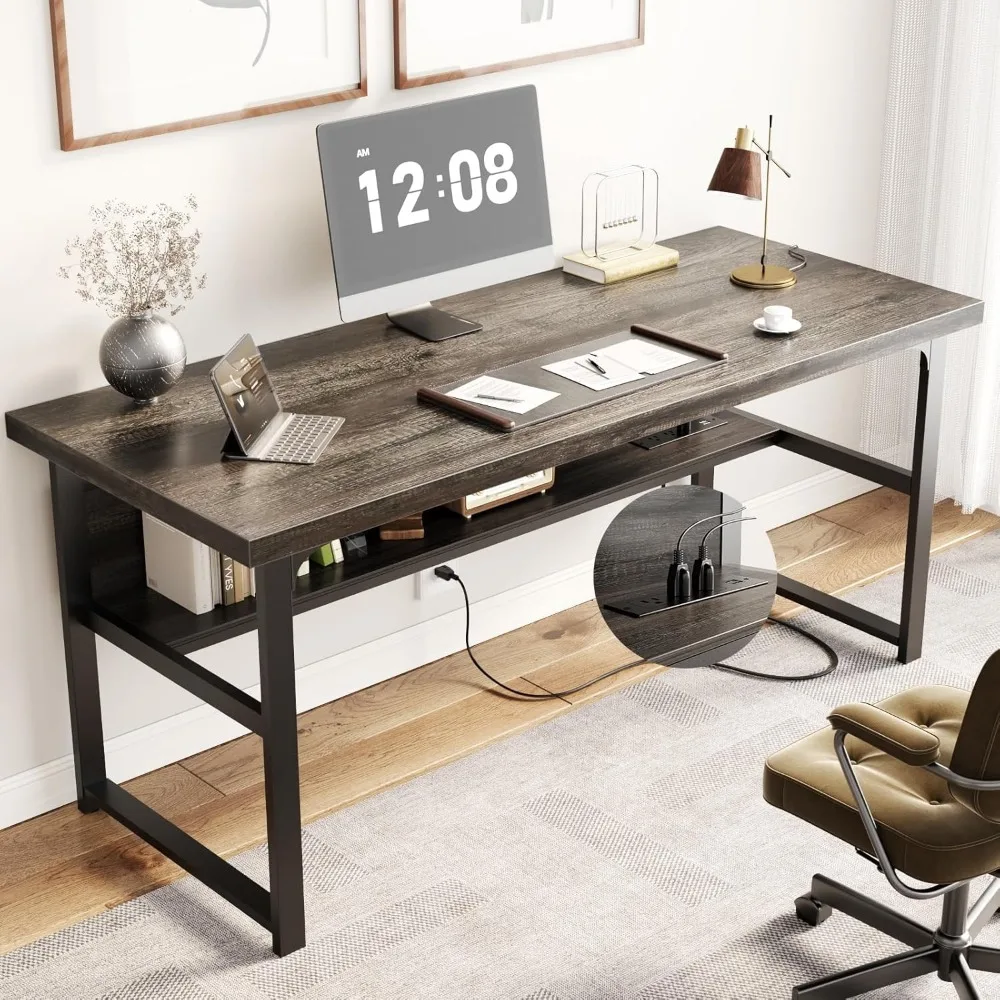 53 Inch Desk with Power Outlets and USB Ports, Computer Desk with 1.4 Inch Thicker Desktop, Heavy Duty Study Writing Table with