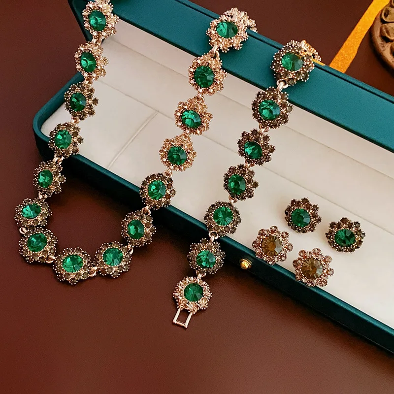 Rhinestone Green Circle Flower Necklace for Women Medieval Vintage Bracelet French Luxury Dainty Earrings Jewelry Sets Wholesale