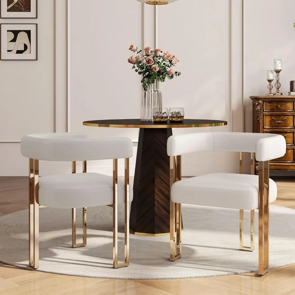 Beige and Gold Modern Dining Chairs Set of 2, Velvet Upholstered Barrel Armchairs with Metal Legs for Kitchen Island