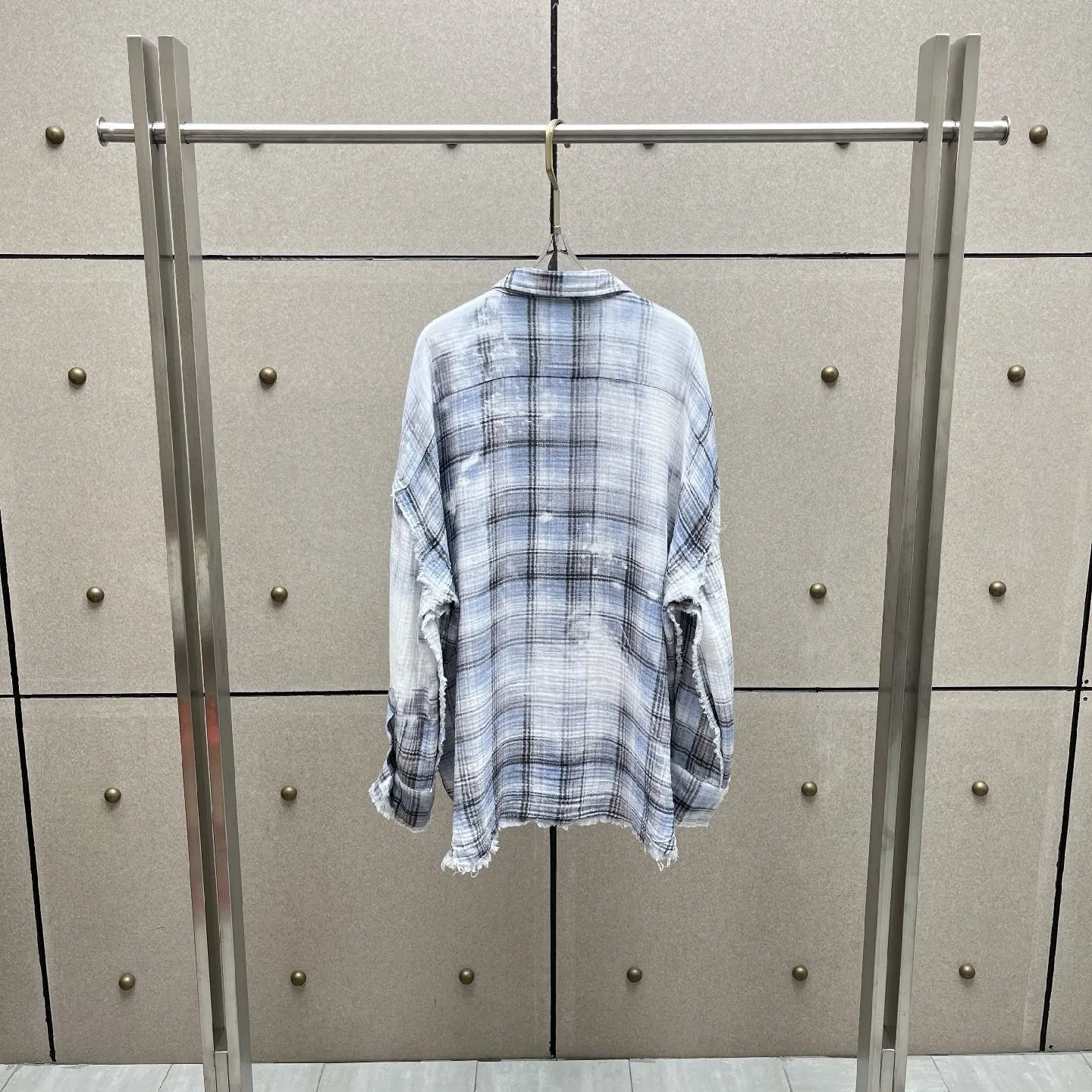 2026 Oversized Multi-Layer Gauze Plaid Shirt – Distressed Gradient Check Button-Down with Frayed Edges in Blue & White