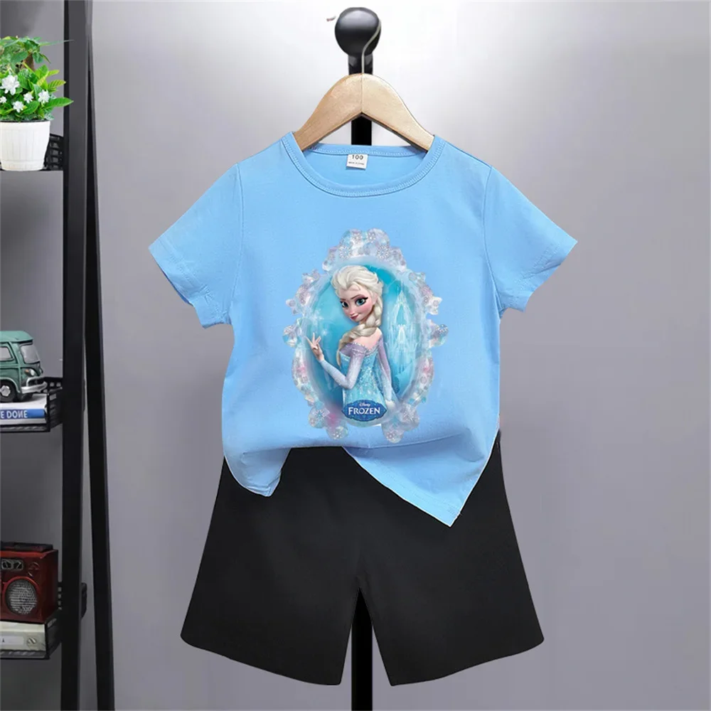 Summer 2024 Cute and Fun Disney Cartoon Boys Girls Printed T-shirt + Shorts Set Top Cotton Short Sleeve Shorts Gift