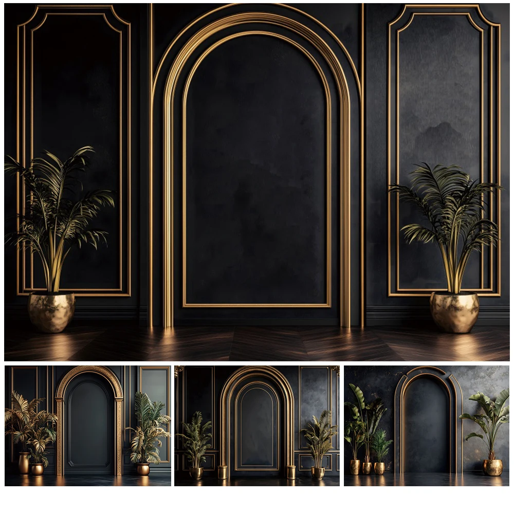 الذهب الأسود الفاخرة أوروبا جدار التصوير خلفية قوس الباب الإطار اناء للزهور الكبار عيد ميلاد الزفاف صورة خلفية الصورة
