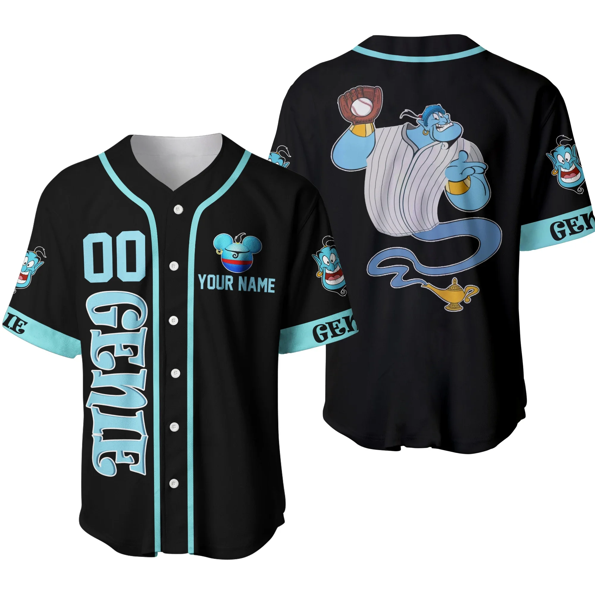 

Genie Aladdin Blue Black Jersey Disney Custom Baseball Jersey 3D Casual T-shirt Men and Women Can Wear Disney Custom Name