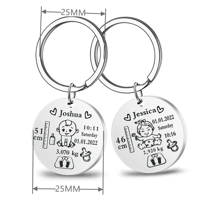 Lovely Personalized Engraved Stainless Steel Keychain Name Birth Weight Height For Newborn Baby Information Keyring Gift