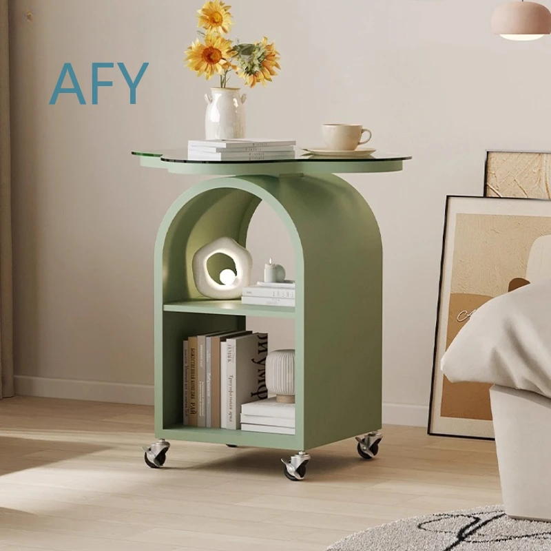 Cream Mobile End Table with Wheels Scratch-Resistant Glass Top Storage Drawer for Bedroom Living Room Narrow Space Small