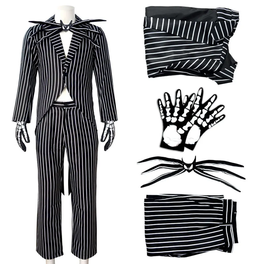 Disfraz de Jack Skelington, traje de Cosplay de pesadilla antes de Navidad, Top a rayas, pantalón, uniforme de fiesta de Halloween