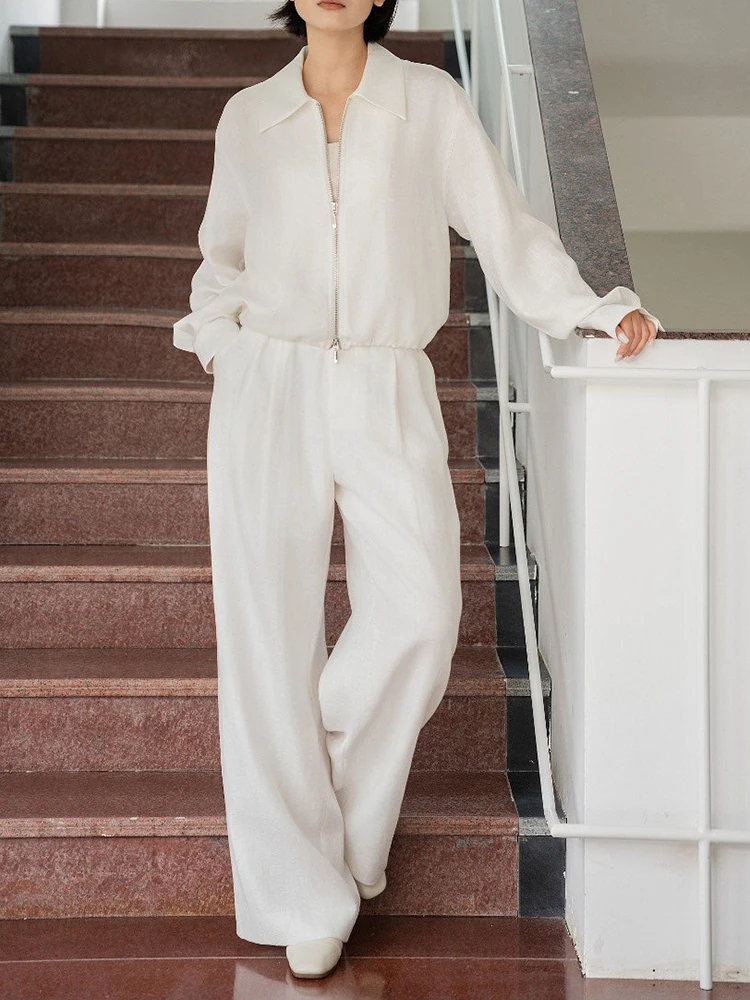 

Spring Linen-cotton Slim Long Pants Suit Women Long Sleeves Zipper Coat+high Waist Wide-leg Pants Autumn Female Two Piece Set