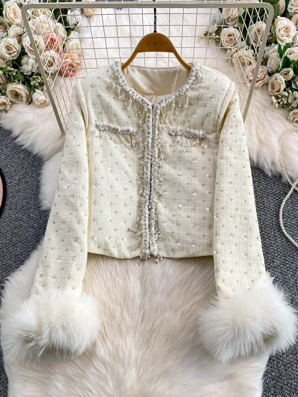 French Style Elegant Heavy Industry Beading Plush Long Sleeve Short Jacket High Waist Sequin Tweed Skirt Two-Piece Set for Women