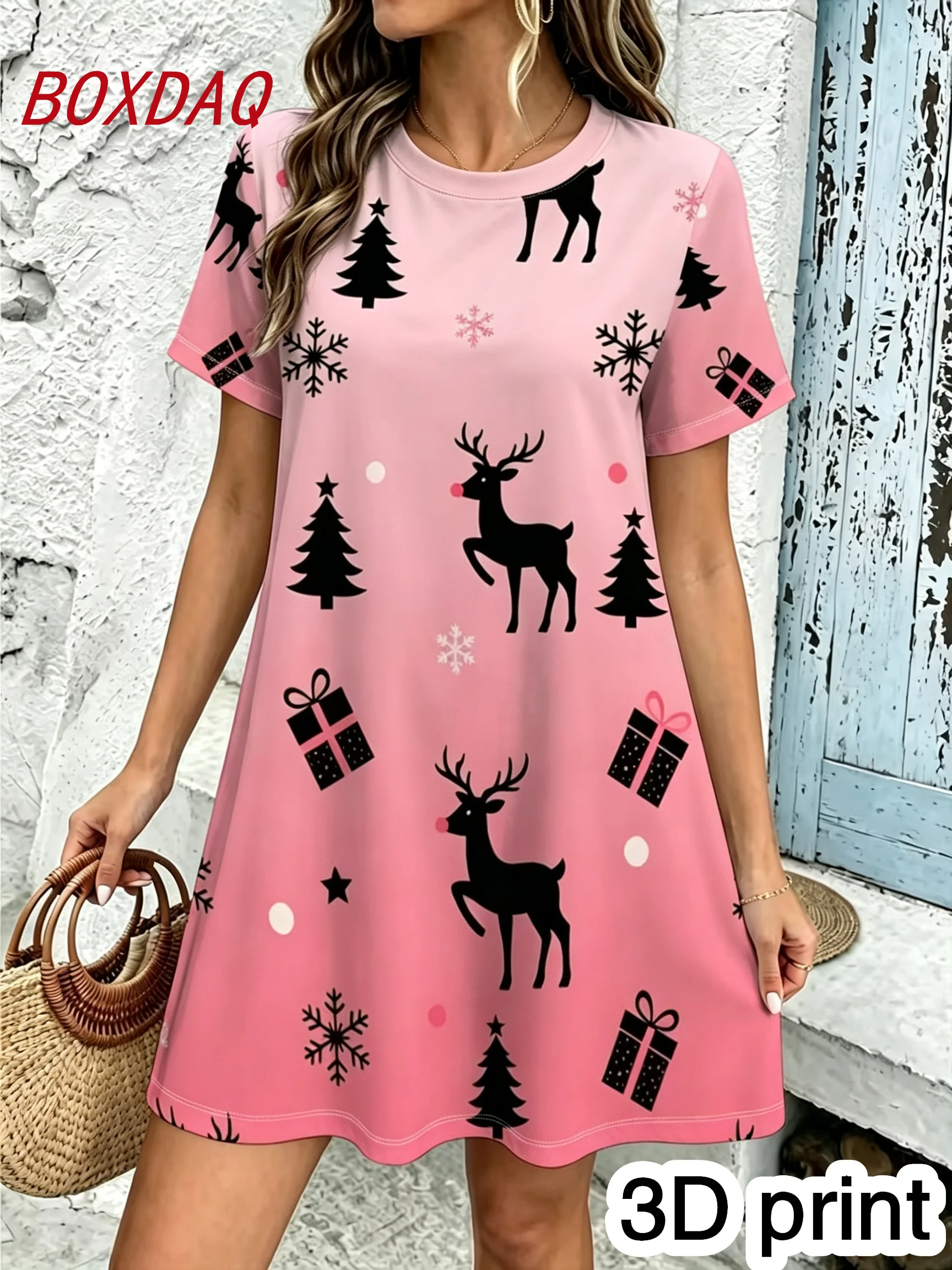 Winter Women Black Mini Dress Christmas Snowflake 3D Print Short Sleeve O-neck Loose Casual Ladies Xmas Party T shirt Dress 2026
