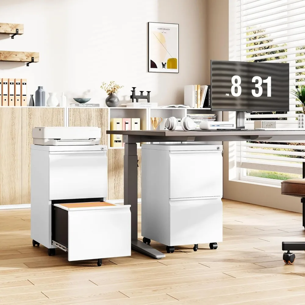 Under Desk 2-Drawer Mobile File Cabinet with Lock, Legal/Letter/A4 Size, White, Fully Assembled, Rolling Storage Solution