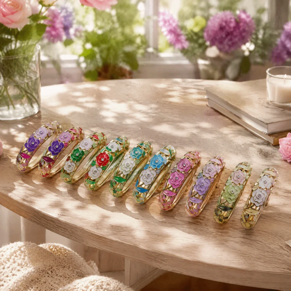 1.4cm Chinese Cloisonne Bracelet Recessed design Wider Peony Filigree Flower Bangle Classic Vintage Women's Hand Bracelet