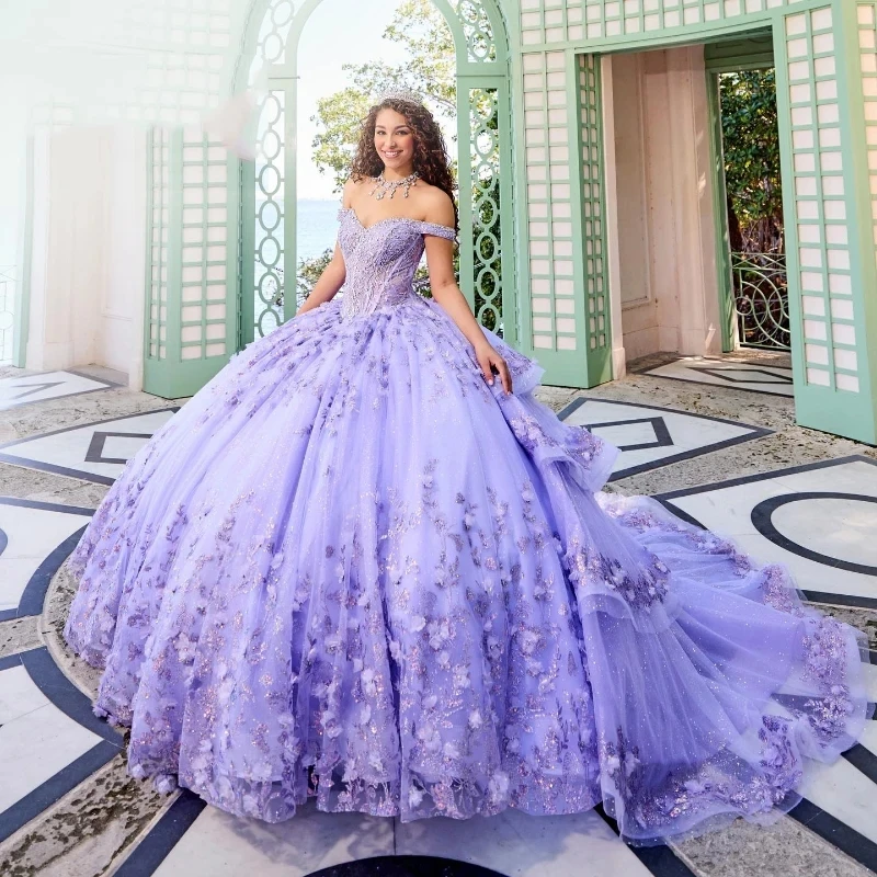 

Блестящие Лавандовые платья для Quinceanera, женское платье с цветочным рисунком и кристаллами, красивое платье для выпускного вечера, женское платье