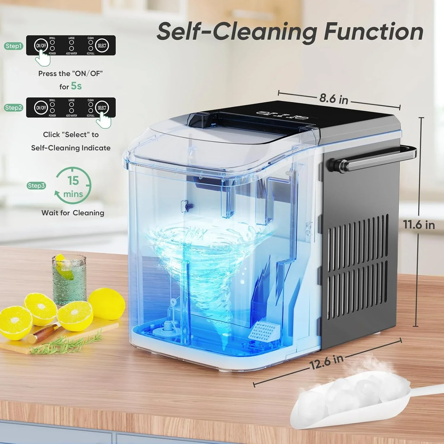 Efficient Countertop Nugget Ice Maker Machine, Produces 9 Ice Cubes in Just 6 Mins, Makes up to 26.5lbs of Ice in 24Hrs, Self-Cl