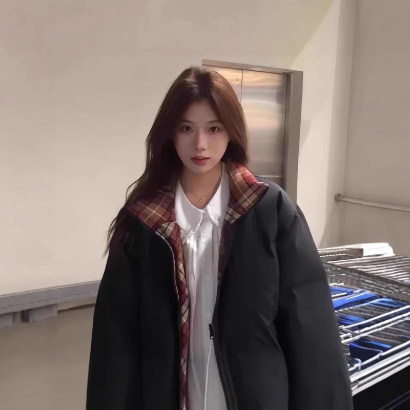 

Winter Stand-up Collar Cotton Coat Color-blocked Plaid Pattern Thickened Warm Cotton Coat Down Jacket Windproof Jacket Unisex