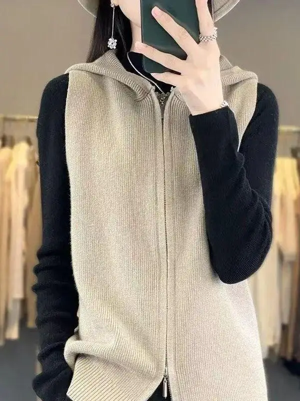 Fashionable Hooded Sleeveless Knitted Cardigan Vest Women's Outerwear Breathable Zipper Closure Casual Loose Fit Autumn Winter