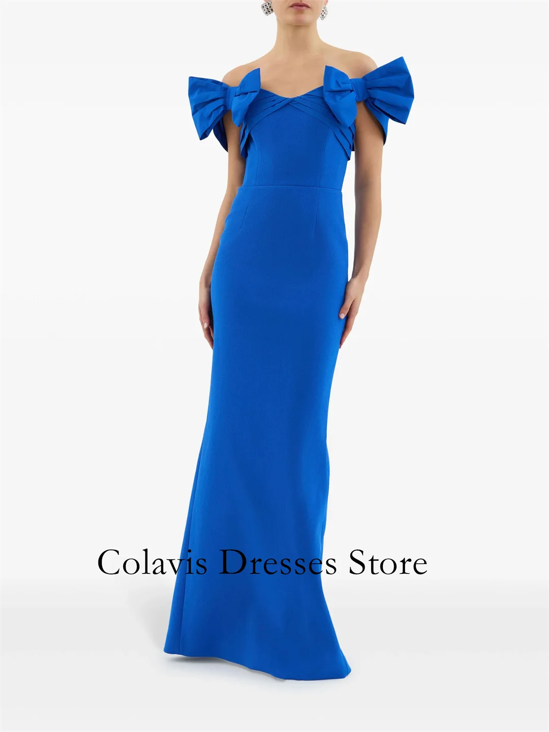 

2025 Индивидуальные платья для выпускного вечера из синего крепа с открытым бантом и рюшами, вечернее платье, женские вечерние платья, вечернее платье