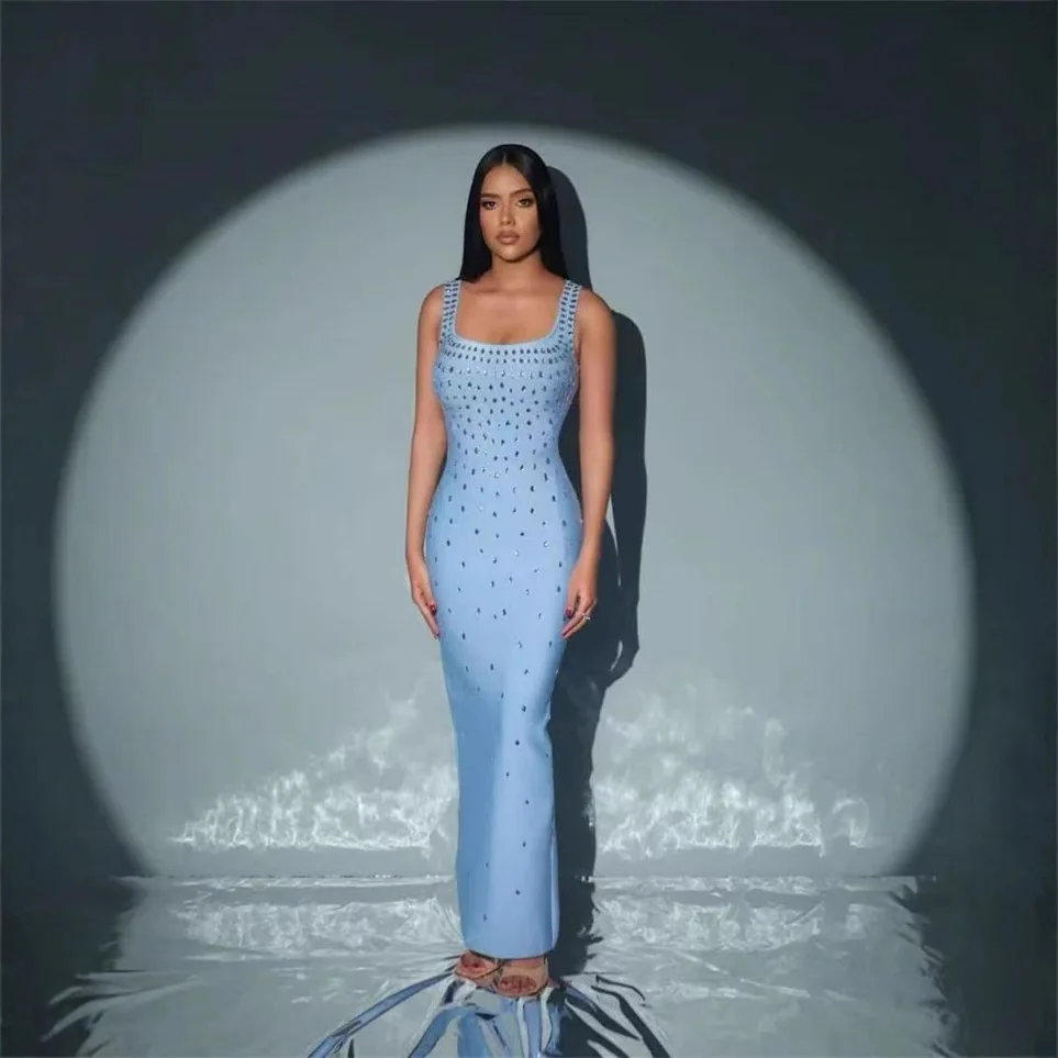 

Черное небесно-голубое женское облегающее платье без рукавов с блестящими кристаллами и круглым вырезом, длинное, для вечеринок и ночных клубов, 2026