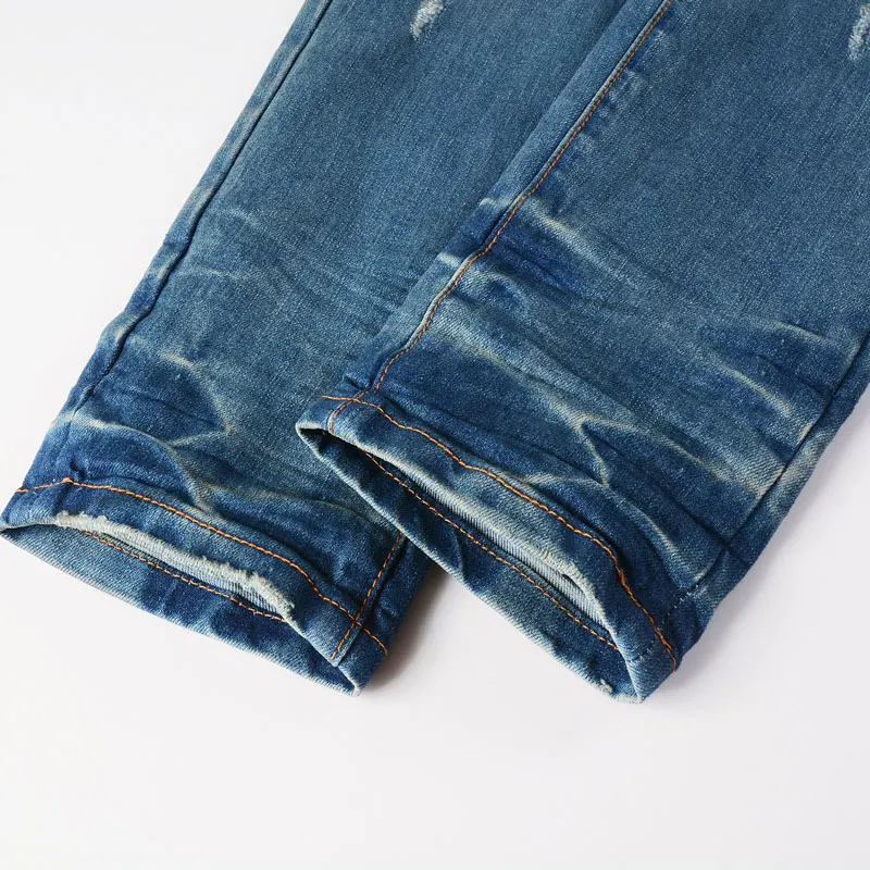 Designer fashion new jeans with patchwork patches, washed water, nostalgic stretch, slim fit, retro blue jeans, high street hip-