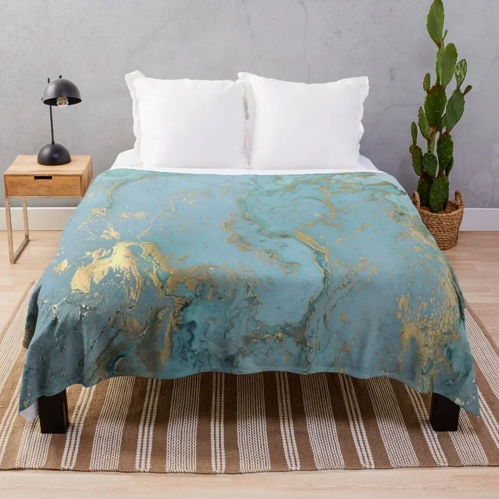 

Marble Design - Gold Effect - Turquoise Blue, Teal Marbling Throw Blanket Long Lasting Soft Plush Blanket for Daily Use