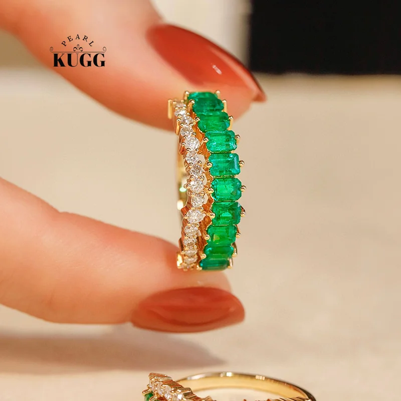 

KUGG 18K Yellow Gold Rings Luxury Elegant Design Real Natural Emerald Shiny Diamond Gemstone Ring for Women High Party Jewelry