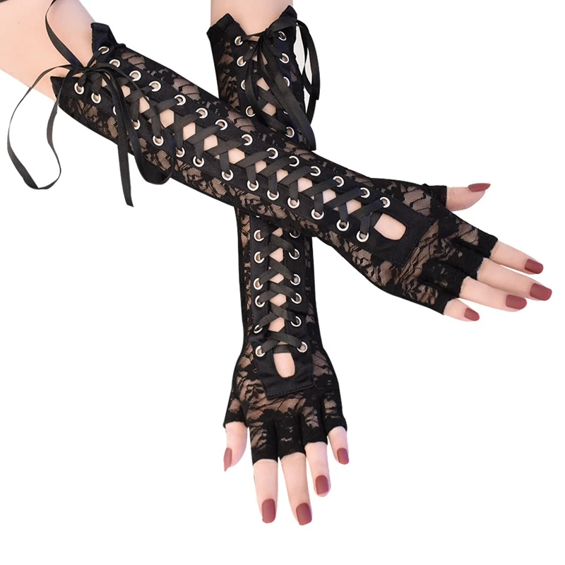 

1 Pair Halloween Retro Sexy Women Long Gloves Lace Corset Arm Elbow Fingerless Black Glove