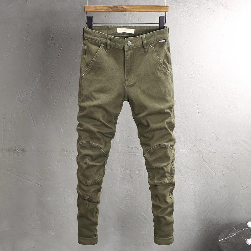 Street Fashion Men's Jeans Vintage Khaki Elastic Tight Split Jeans Men's Designer Vintage Denim Pants Hombre
