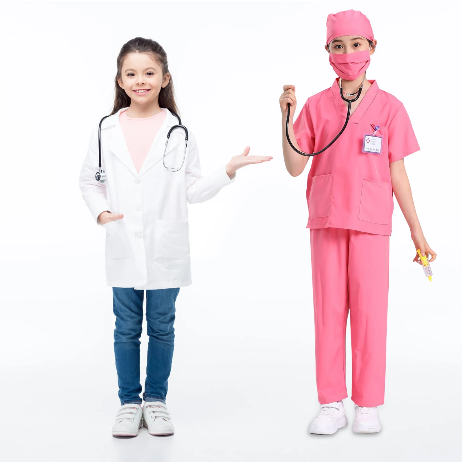 

1 set Kids Doctor Costume 150cm Pink V Neck Nurse Clothes Accessories Role Play Party Cosplay Toddler Suit Stylish Design