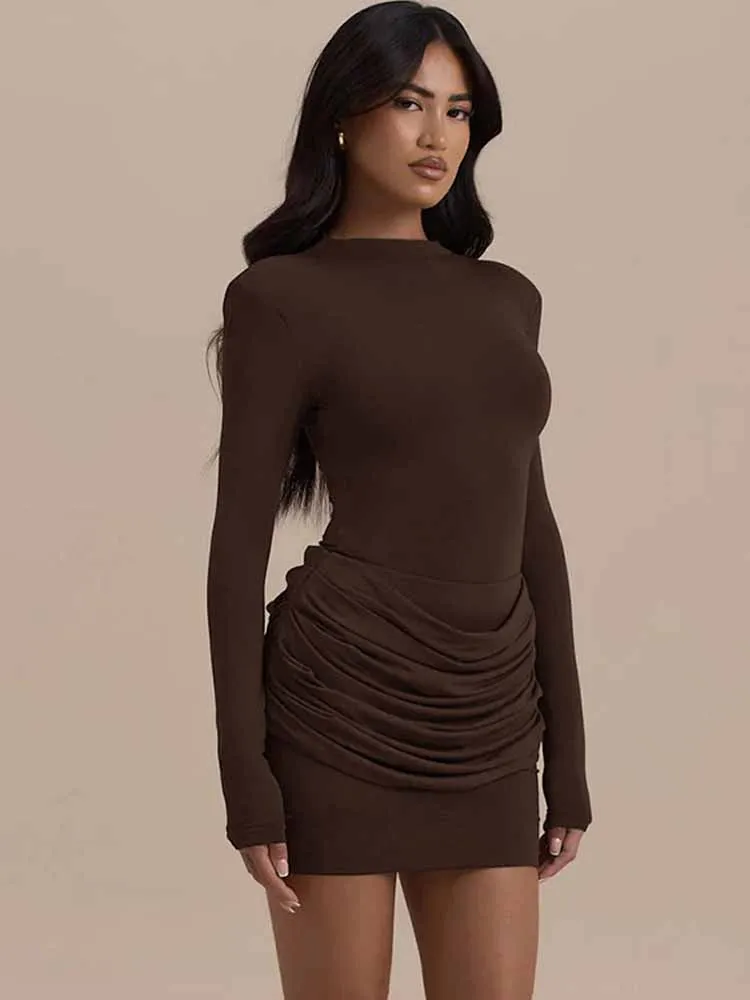BKQU 우아한 주름 미니 드레스 여성 섹시 기본 O넥 긴팔 풀오버 바디콘 이브닝 파티 랩 드레스 2025 가을 겨울