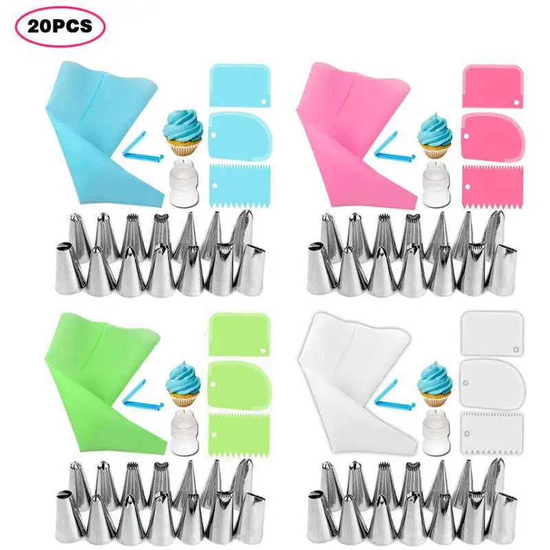 

20pcs/set Piping Nozzle Cake Decoration Piping Nozzle Bag Cream Scraper Sealing Clip Convertor Pastry Bags