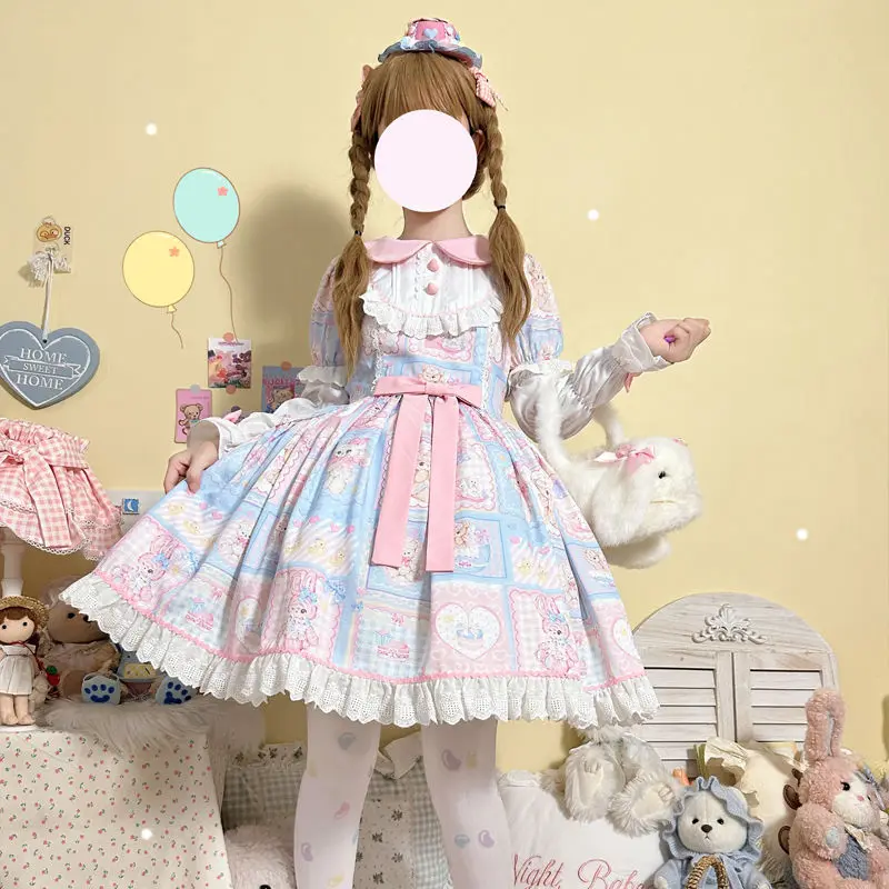 Kawaii Sweetheart Lolita OP Dress Autumn Girls Cute Lace Bow Cartoon Bunny Tea Party Dresses Women Japanses Lovely Chic Vestidos