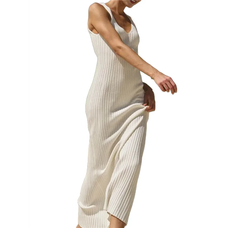 ABRT-여성 2025 여름 봄 V넥 니트 미디 드레스 바디콘 캐주얼 민소매 골지 스웨터 드레스